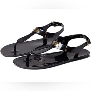 Michael Kors Black Gloss Jelly T-Strap Sandals with Gold Accents